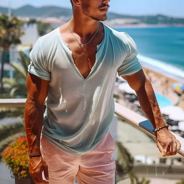 Men's Holiday V-neck Casual Plain T-shirt - Keymimi.com 