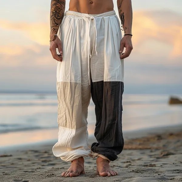 Men's Beach Vacation Color-blocked Casual Linen Trousers, Breathable And Comfortable Linen Casual Trousers - Yiyistories.com 