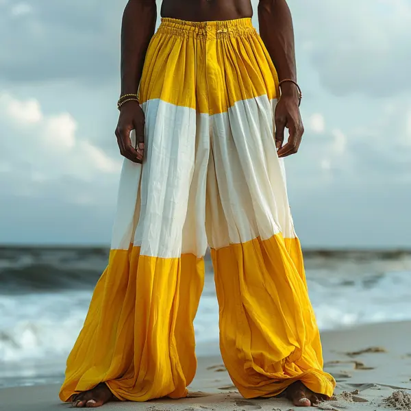 Men's Beach Vacation Color-blocked Casual Linen Trousers, Breathable And Comfortable Linen Casual Trousers - Yiyistories.com 