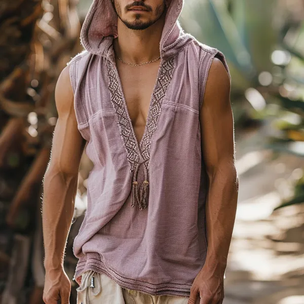 Men's Holiday Casual Ethnic Tribal Linen Hooded Sleeveless Shirt - Albionstyle.com 