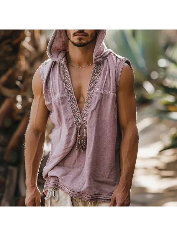 Men's Holiday Casual Ethnic Tribal Linen Hooded Sleeveless Shirt - Anrider.com 