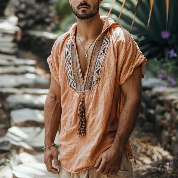Men's Holiday Bohemian Tribal Linen Hooded Sleeveless Shirt - Yiyistories.com 