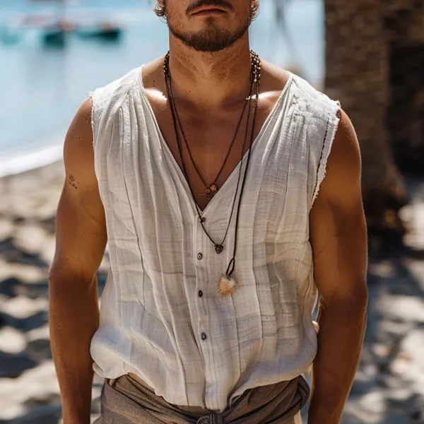 Men's Linen Sleeveless Shirt Vest - Yiyistories.com 