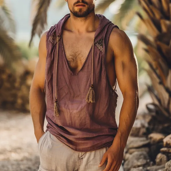 Men's Holiday Tribal Simple Linen Hooded Sleeveless Shirt - Albionstyle.com 