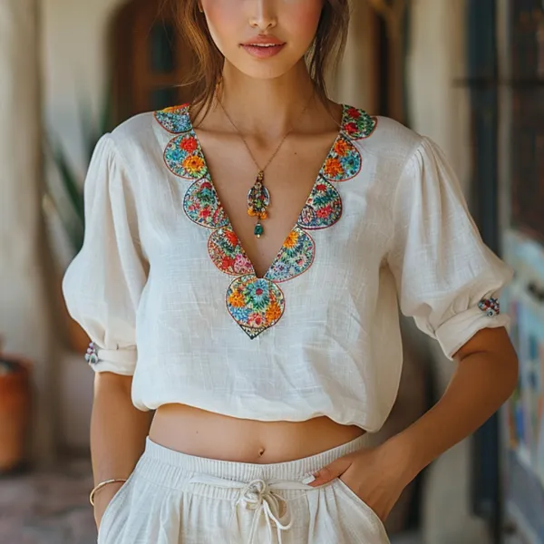 Women's Summer Beach Vacation Ethnic Linen Top V-Neck T-Shirt - Yiyistories.com 