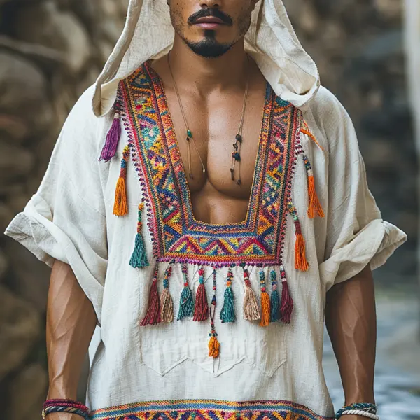 Vintage Men's Ethnic Square Neck Linen Hoodie Casual Retro Tribal Tops Bohemian Style Shirt - Yiyistories.com 