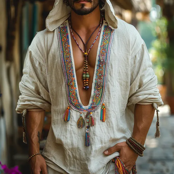 Vintage Men's Ethnic Square Neck Linen Hoodie Casual Retro Tribal Tops Bohemian Style Shirt - Albionstyle.com 