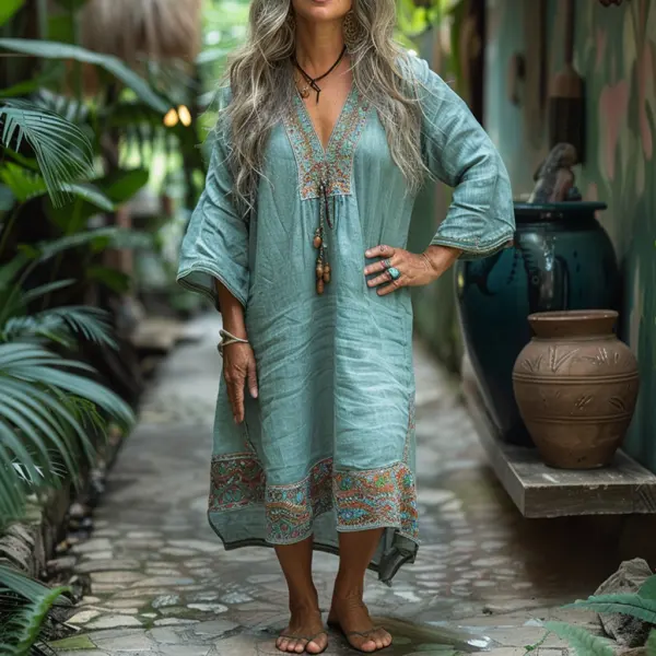 Women's Linen Retro Ethnic Style Oversized Comfortable Breathable Dress Holiday Comfortable Casual Dress - Albionstyle.com 