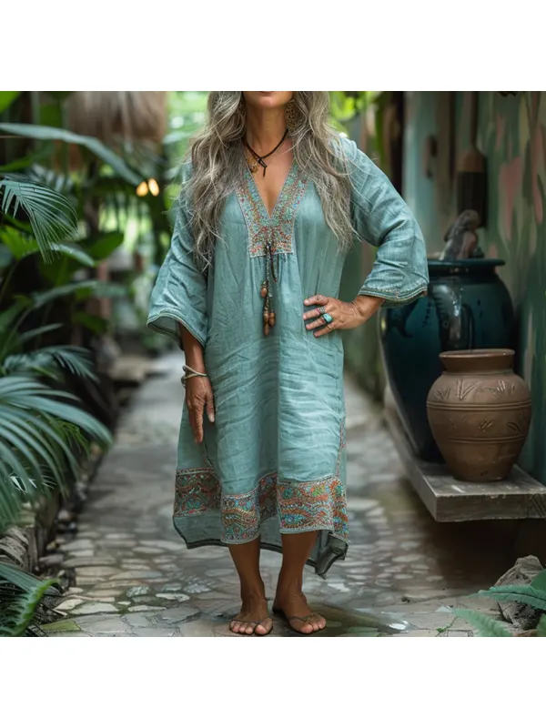 Women's Linen Retro Ethnic Style Oversized Comfortable Breathable Dress Holiday Comfortable Casual Dress - Realyiyi.com 