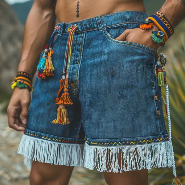 Men's Ethnic Casual Washed Cotton Stretch Denim Shorts - Trisunshine.com 