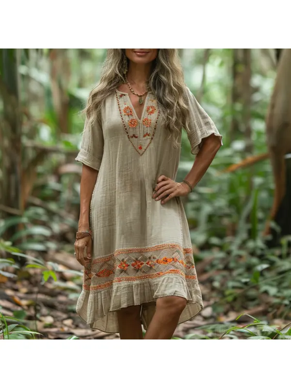 Women's Linen Retro Ethnic Style Oversized Comfortable Breathable Dress Holiday Comfortable Casual Dress - Realyiyishop.com 