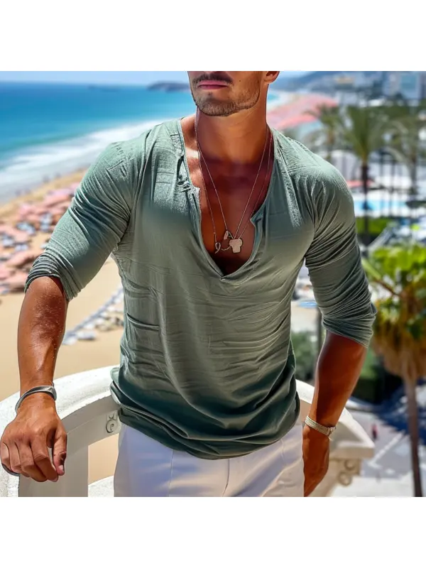 Men's Holiday Lightweight Sunscreen Linen Long Sleeve T-shirt - Ootdmw.com 