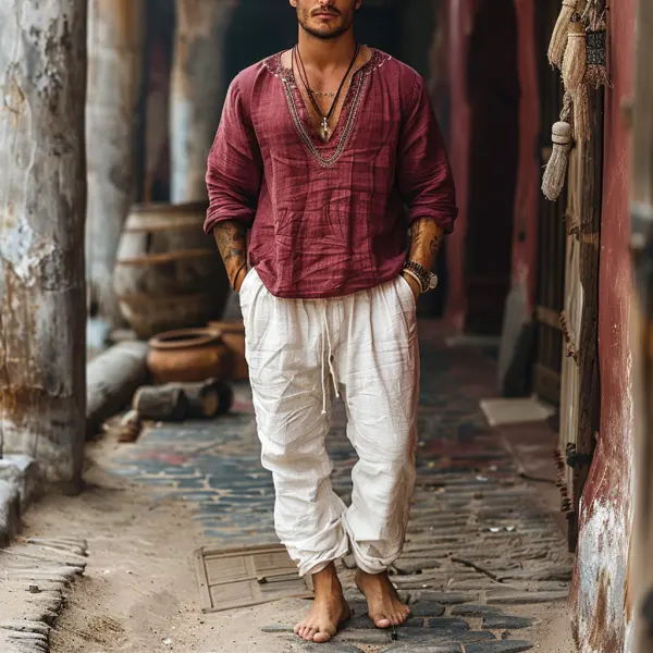 Summer Men's V-neck Linen Long-sleeved Trousers Suit Casual Loose, Comfortable, Refreshing And Breathable Suit - Localziv.com 