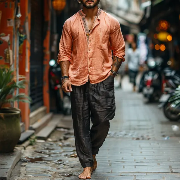 Summer Men's V-neck Linen Long-sleeved Trousers Suit Casual Loose, Comfortable, Refreshing And Breathable Suit - Salolist.com 