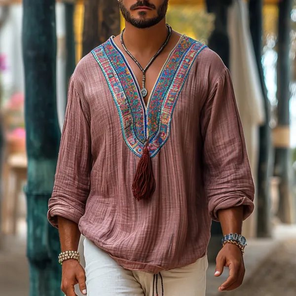 Men's Holiday Linen Ethnic Casual Long Sleeve Shirt - Trisunshine.com 