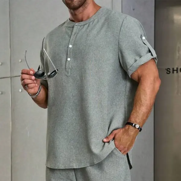 Men's Short Sleeve Simple Holiday Henley Neck Tee - Trisunshine.com 