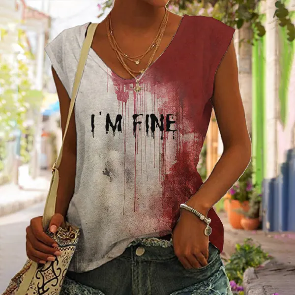 Women's Bloody Im Fine Halloween Print Tank Top - Nicheten.com 