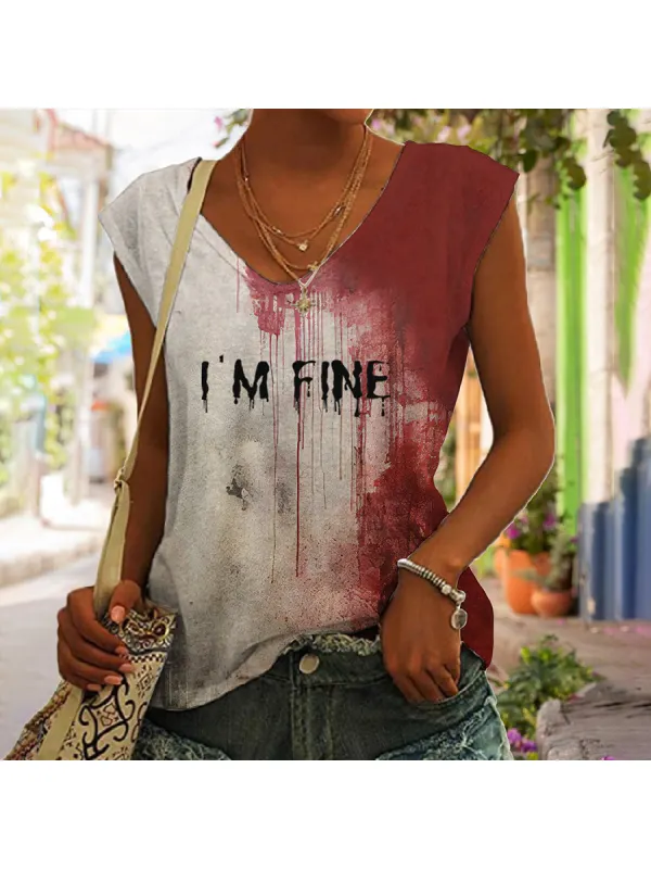 Women's Bloody Im Fine Halloween Print Tank Top - Anrider.com 