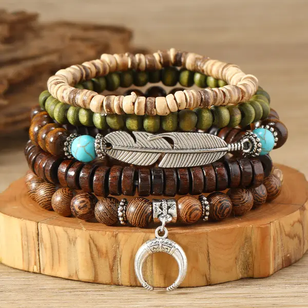 Unisex Simple Fashion Bohemian Style Feather Crescent Wood Beaded Bracelet Hand Jewelry - Yiyistories.com 