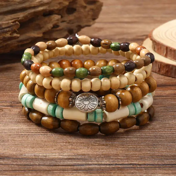 Unisex Colorful Wooden Beads Small Flower Elastic Wire Five-piece Bracelet - Yiyistories.com 