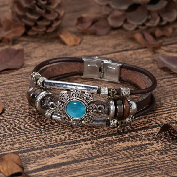 Unisex Ethnic Turquoise Triple Leather Bracelet - Yiyistories.com 