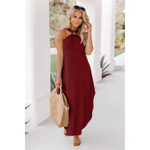 Off-shoulder Casual Comfortable Halter Neck Long Pocket Holiday Dress - Yiyistories.com 