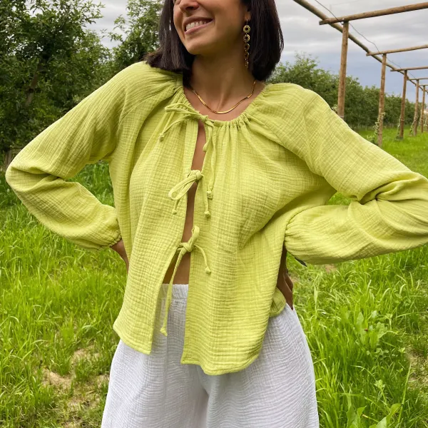 Women's Drawstring Long Sleeve Linen Shirt Cardigan - Yiyistories.com 