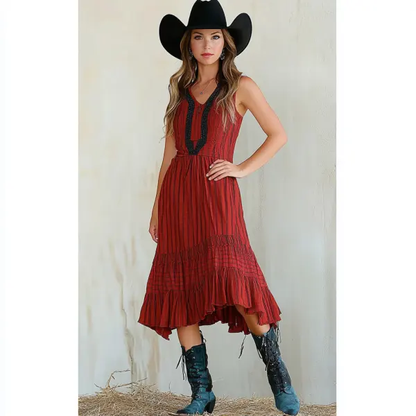 Retro Western Cowboy Style Casual Suspender Dress - Yiyistories.com 