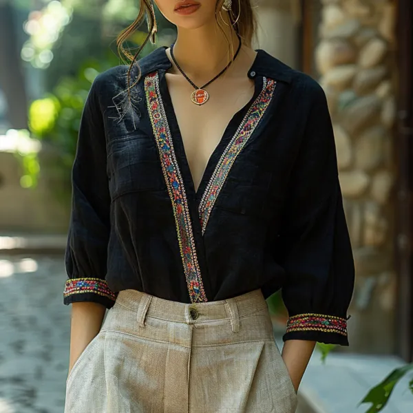 Ethnic Style V-neck Linen Shirt, Comfortable, Lazy And Breathable Linen Cardigan Top - Yiyistories.com 