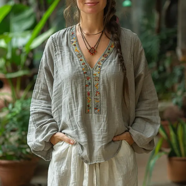 Ethnic Style V-neck Linen Shirt, Comfortable, Lazy And Breathable Linen Cardigan Top - Salolist.com 