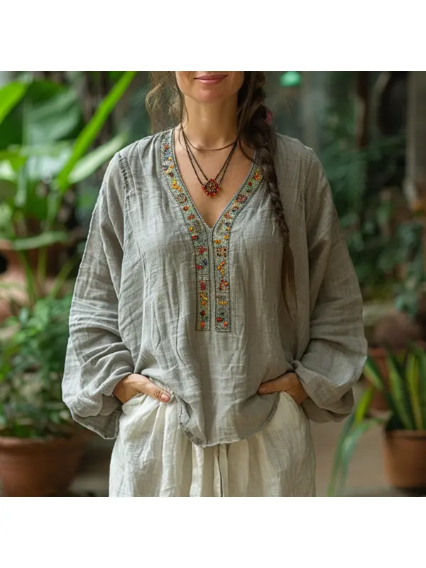 Ethnic Style V-neck Linen Shirt, Comfortable, Lazy And Breathable Linen Cardigan Top - Timetomy.com 