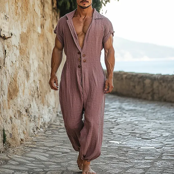 Men's Holiday Gentleman Simple Solid Color Linen Breathable Sleeveless Jumpsuit - Spiretime.com 