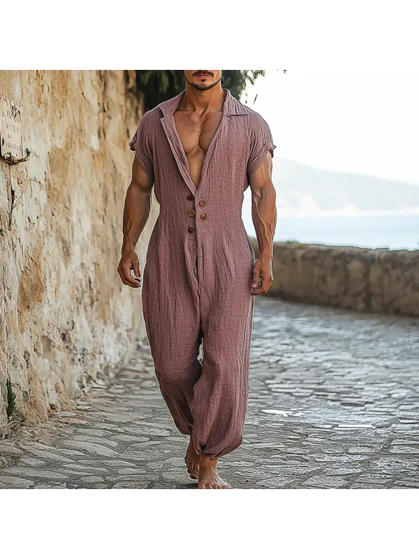 Men's Holiday Gentleman Simple Solid Color Linen Breathable Sleeveless Jumpsuit - Anrider.com 