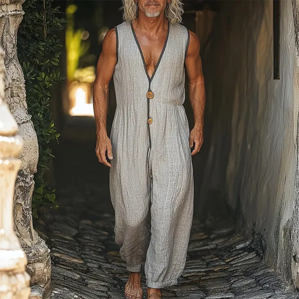 Men's Holiday Gentleman Sleeveless Simple Casual Linen Jumpsuit - Localziv.com 