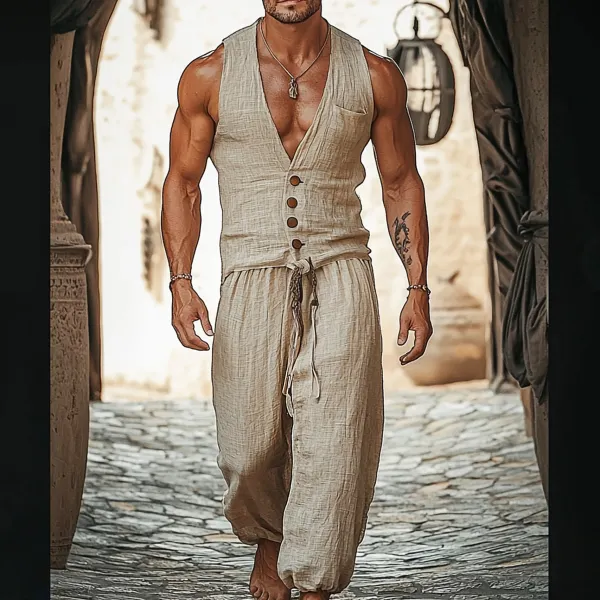 Men's Holiday Linen Gentleman Sleeveless Trousers Suit - Ootdyouth.com 