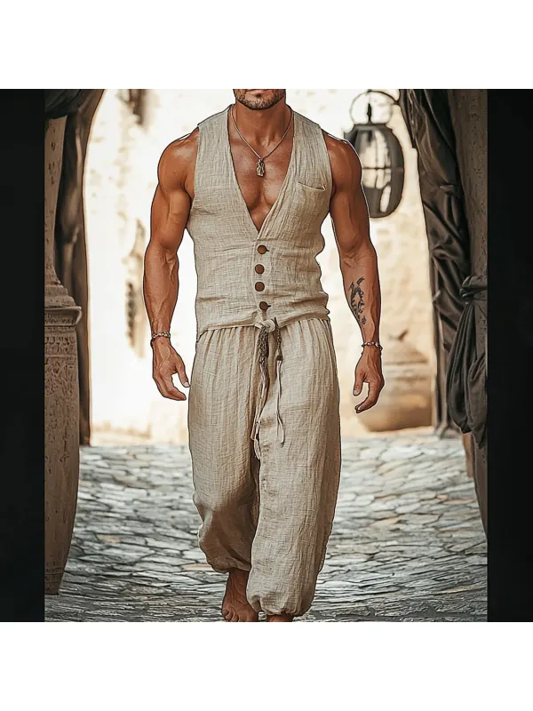 Men's Holiday Linen Gentleman Sleeveless Trousers Suit - Anrider.com 