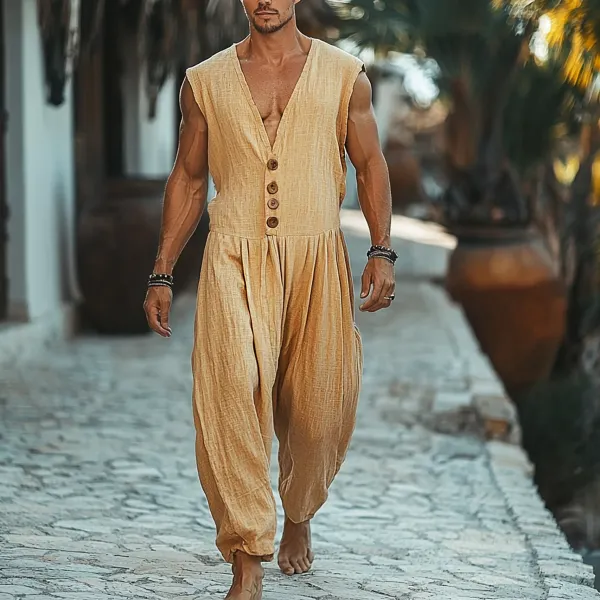 Men's Holiday Sleeveless Button-Down Simple Casual Linen Jumpsuit - Yiyistories.com 