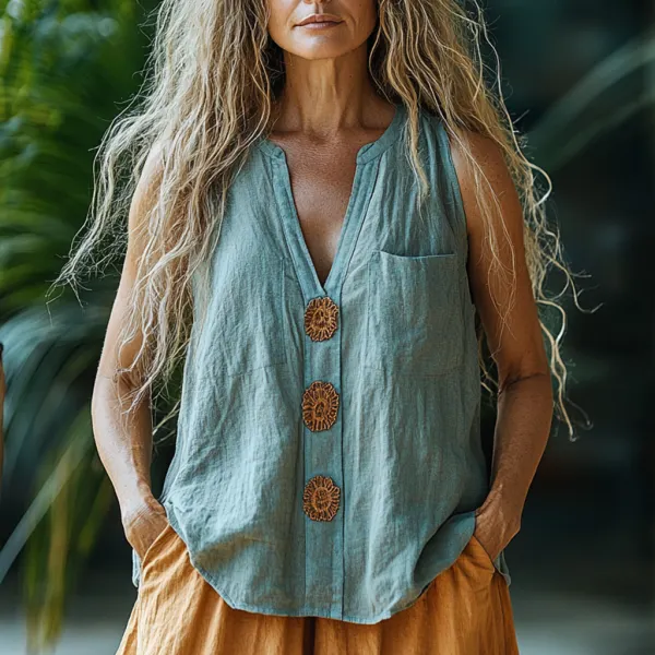 Women's V-neck Linen Button-down Sleeveless Shirt - Yiyistories.com 