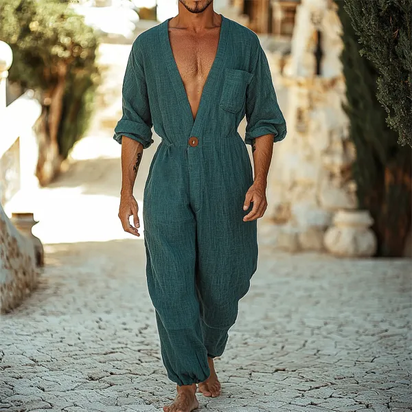 Men's Holiday Gentleman Long Sleeve Linen Jumpsuit - Localziv.com 