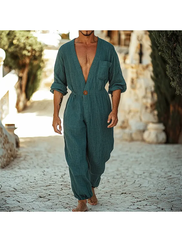 Men's Holiday Gentleman Long Sleeve Linen Jumpsuit - Ootdmw.com 