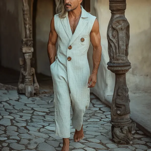 Men's Holiday Gentleman Sleeveless Linen Breathable Jumpsuit - Yiyistories.com 