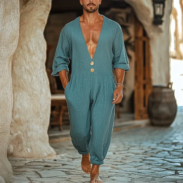 Men's Holiday Gentleman V-Neck Linen Jumpsuit - Yiyistories.com 