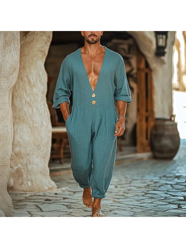 Men's Holiday Gentleman V-Neck Linen Jumpsuit - Ootdmw.com 