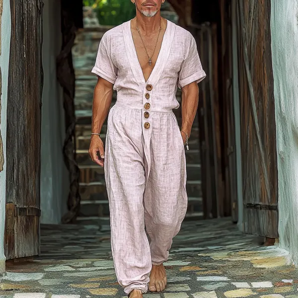 Men's Holiday Linen Breathable Gentleman Short-sleeved Jumpsuit - Spiretime.com 