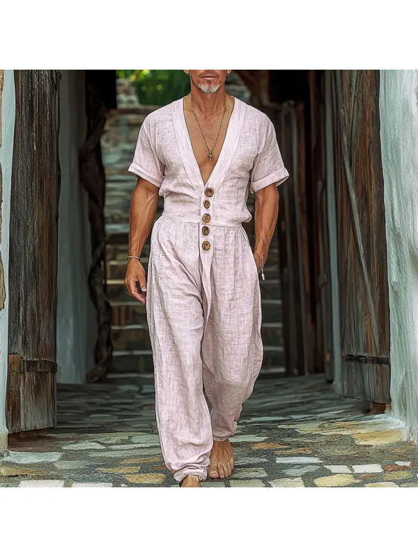 Men's Holiday Linen Breathable Gentleman Short-sleeved Jumpsuit - Ootdmw.com 