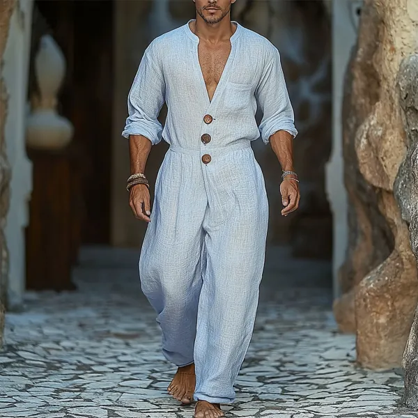 Men's Holiday Plain Sleeveless Linen Loose Jumpsuit - Yiyistories.com 