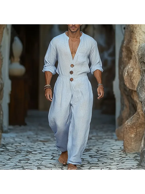Men's Holiday Plain Sleeveless Linen Loose Jumpsuit - Ootdmw.com 