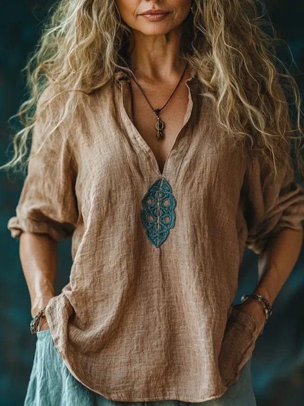 Women's Plain V-neck Linen Loose Shirt - Menbarn.com 