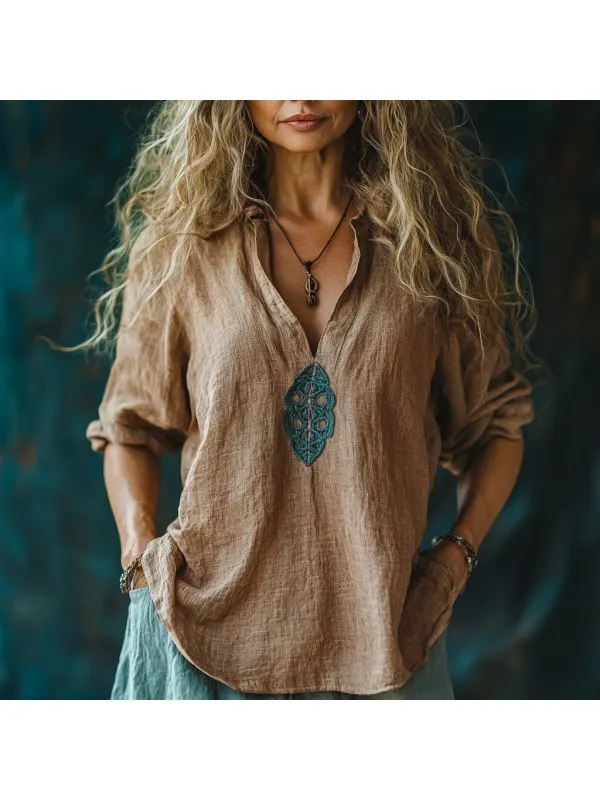 Women's Plain V-neck Linen Loose Shirt - Realyiyi.com 