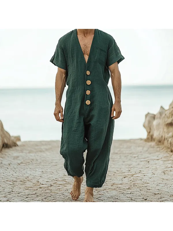 Men's Holiday Linen Breathable Casual Jumpsuit - Ootdmw.com 